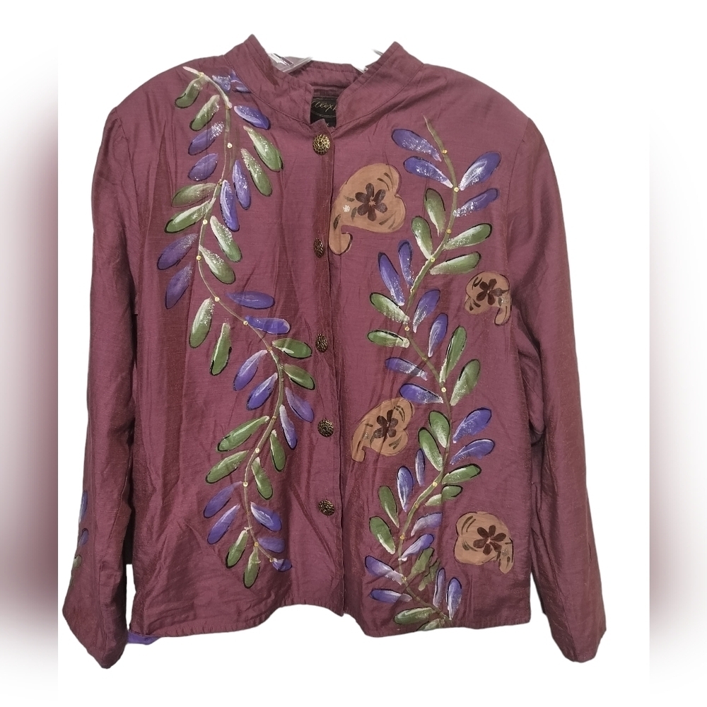 2742)Alex Kim Mauve Hand painted Sequin Button down Blazer Plus Size 1X